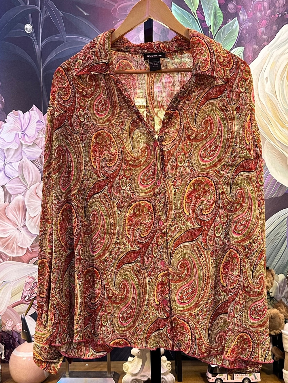 Avenue 18/20 Paisley Button Up Blouse Plus Size Boho Whimsigoth Long Sleeve Rust